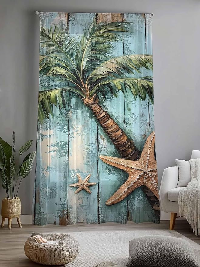 Sheer Curtains 108 Inches Long, Coastal Blue Green Tree Semi Sheer Curtains Light Filtering Window Treatment, Beach Tropical Vintage Wood Grain Privacy Voile Drapes for Living Room Bedroom 52x108 Inch