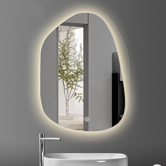 Irregular Bathroom Mirror with LED Light, Lighted Bathroom Makeup Wall Mounted Mirror with Demister Pad, 3 Colors Dimmable Lighting, Sensor Touch Switch(A,75x100cm)