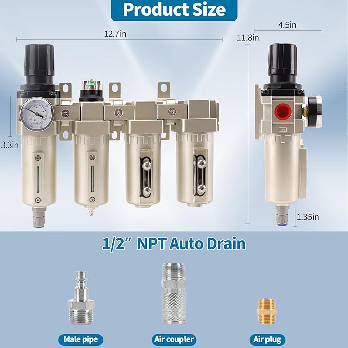 1/2" NPT Industrial Grade 4 Stage Air Compressor Drying System, 0-240 PSI, Particulate & Coalescing Filters, Auto Drain Air Compressor Water Separator System Filter Oil for Paint Spray＆ Plasma Cutter