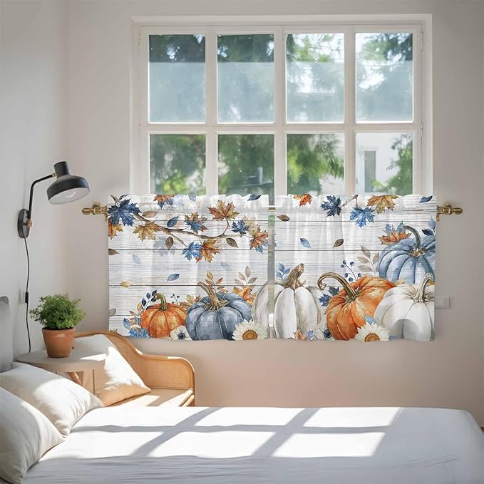 Thanksgiving Pumpkin Kitchen Tier Curtains 24 Inch Long 2 Panel Set,Rod Pocket Cafe Small Window Curtains Over Sink,Fall Maple Leaf Daisy Wooden Grain Short Drapes for Bathroom Cabinet 27.5"W x 24"L