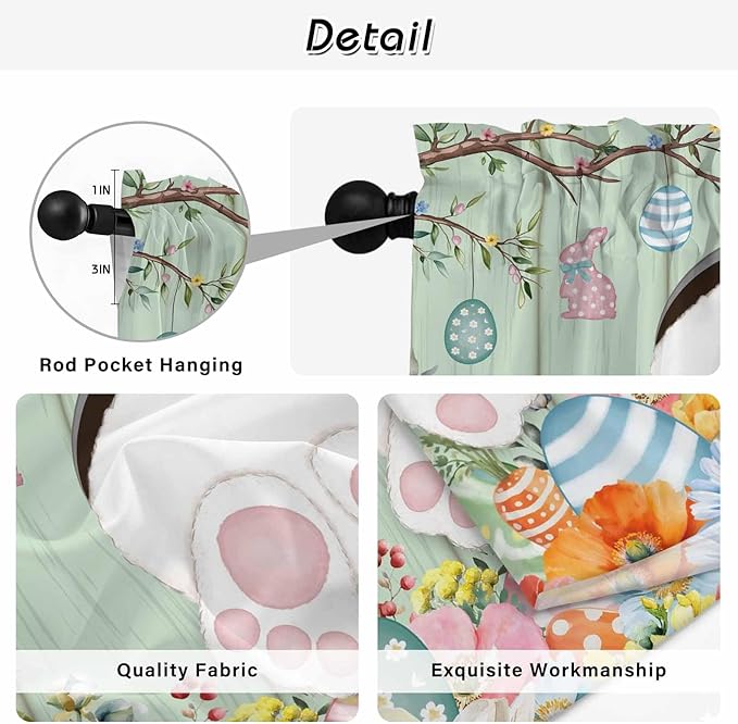 Easter Kitchen Tier Curtains 45 Inch Long 2 Panel Set,Rod Pocket Short Window Treatment,Spring Watercolor Bunny Eggs Wooden Grain Green Light Filtering Curtains & Drapes for Bathroom 27.5"W x 45"L