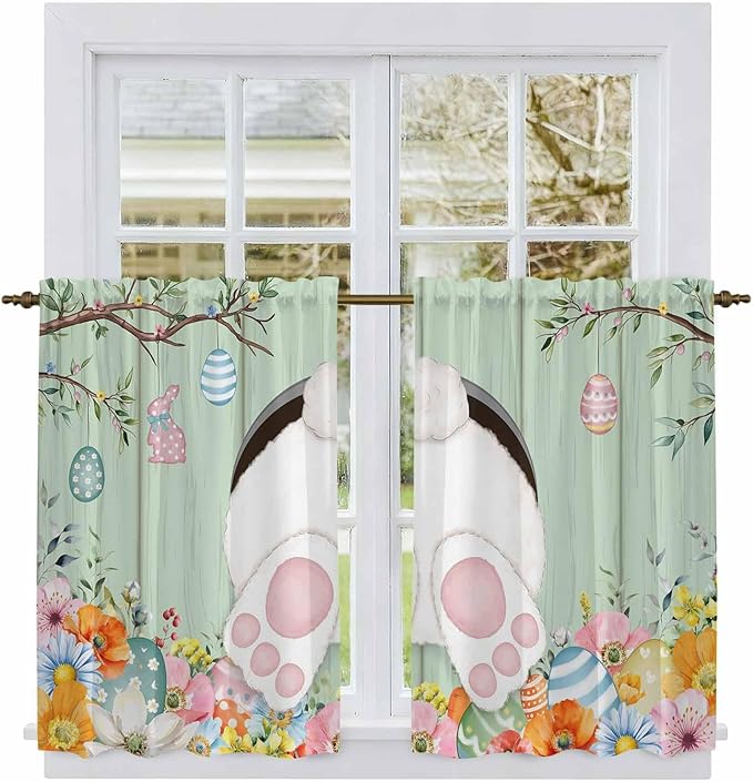 Easter Kitchen Tier Curtains 45 Inch Long 2 Panel Set,Rod Pocket Short Window Treatment,Spring Watercolor Bunny Eggs Wooden Grain Green Light Filtering Curtains & Drapes for Bathroom 27.5"W x 45"L