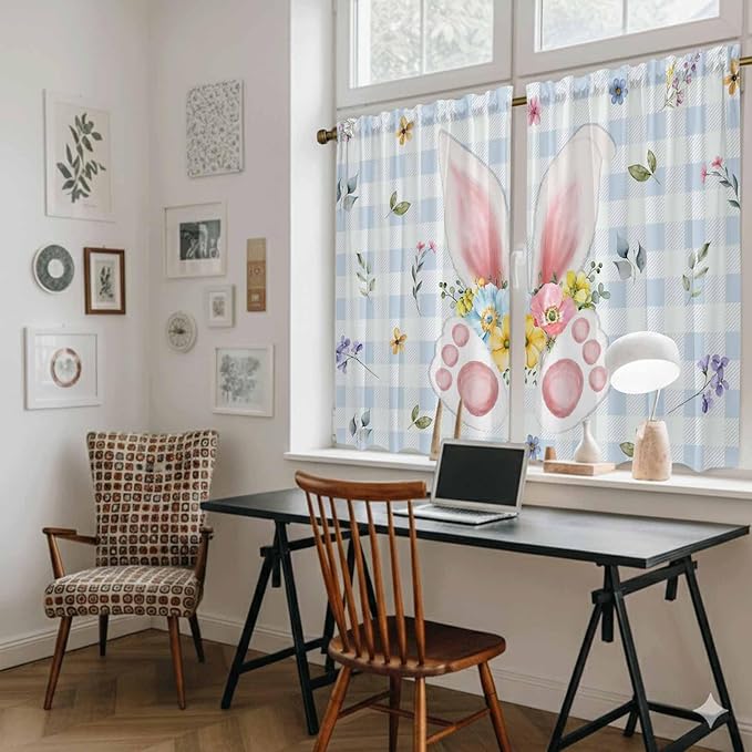 Easter Kitchen Curtains 54 Inch Long 2 Panel Set, Rod Pocket Window Curtains Panels, Spring Rabbits Ears Feet Floral Blue Lattice Light Filtering Privacy Draperies for Bedroom Laundry 42"W x 54"L