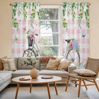 Spring Kitchen Curtains, Bicycles Leaves Butterfly Flowers Pink Buffalo Plaid Light Filtering Window Curtain Panels, 2Pcs Rod Pocket Window Treatments Set for Living Room Bathroom Bedroom 52x72 Inches