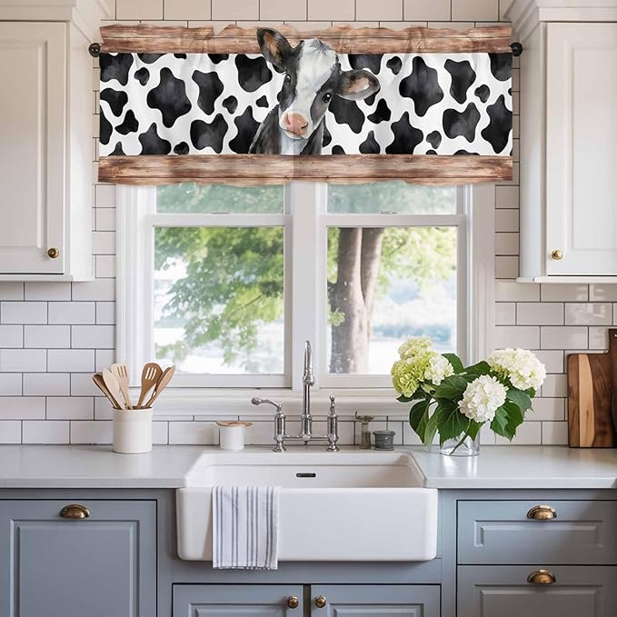 Cow Printed Curtain Valances for Windows, Kitchen Valance Window Treatment, Farmhouse Watercolor Country Wooden Grain Light Filtering Block Curtains for Bathroom/Bedroom/Living Room 42'' x 18''