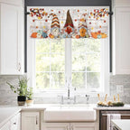 Fall Gnomes Kitchen Curtain Set, Thanksgiving Maple Leaf Grey Wood Grain Window Valance and Tiers 24" Length, Light Filtering Short Curtains Valance for Cafe Bathroom Bedroom 54"x18"