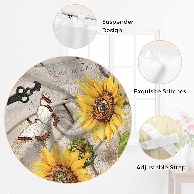 Farm Flowers Living Room Curtains 84 Inch Length, Window Curtains Tab Top, Retro Sunflowers Barn Doors Butterfly Wood Board Light Filtering Window Treatments Drapes 52"x84" 2 Panel