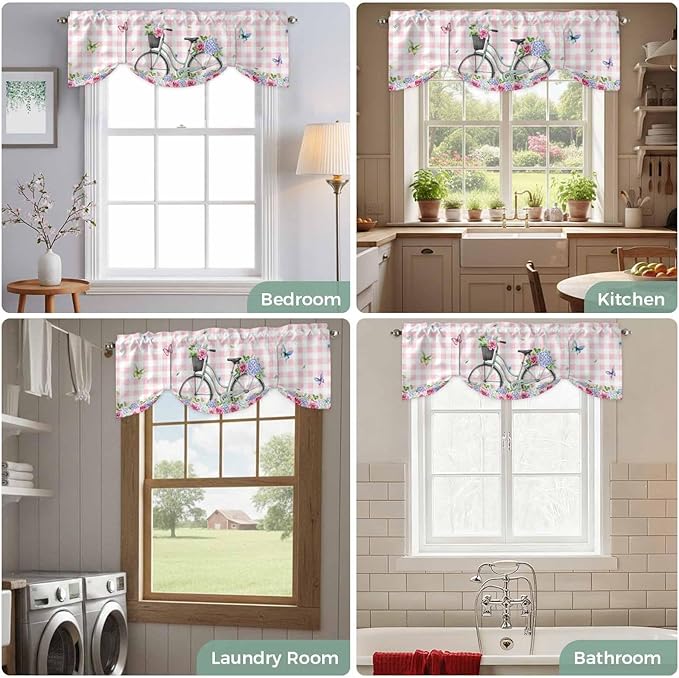 Spring Tie Up Valance Curtains for Windows, Kitchen Curtains Window Shades, Bicycles Leaves Butterfly Flowers Pink Buffalo Plaid Light Filtering Curtain Valances for Bedroom/Bathroom/Cafe 54"x18"