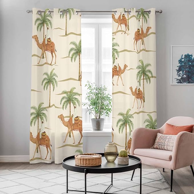 2 Panel Kitchen Cafe Curtains, Date Coconut Tree Sunlight Filtering Nature Air Through, Home Decor Window Covering Tier Curtains for Living Room 80W x 84L inch Desert Camels Botanical Tropical Beige