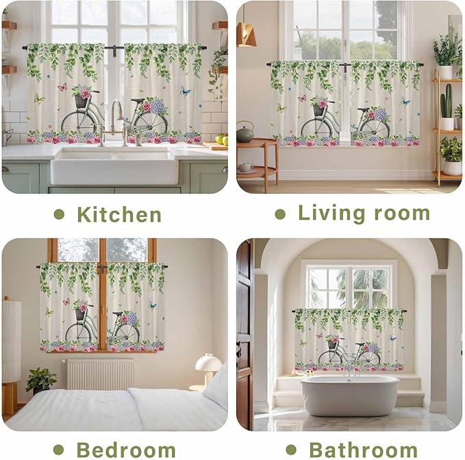 Farmhouse Spring Kitchen Curtains, Retro Bicycles Flowers Vines Butterfly Light Filtering Window Curtain Panels, 2Pcs Rod Pocket Window Treatments Set for RV Dining Room Study Room 42x45 Inches
