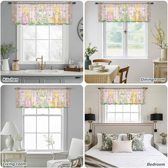 Happy Easter Sheer Valances for Windows 42"x18", Light Filtering Kitchen Curtains Valance, Spring Gnomes Duck Floral Eggs Pink Plaid Rod Pocket Chiffon Curtains for Living Room Bedroom Cafe