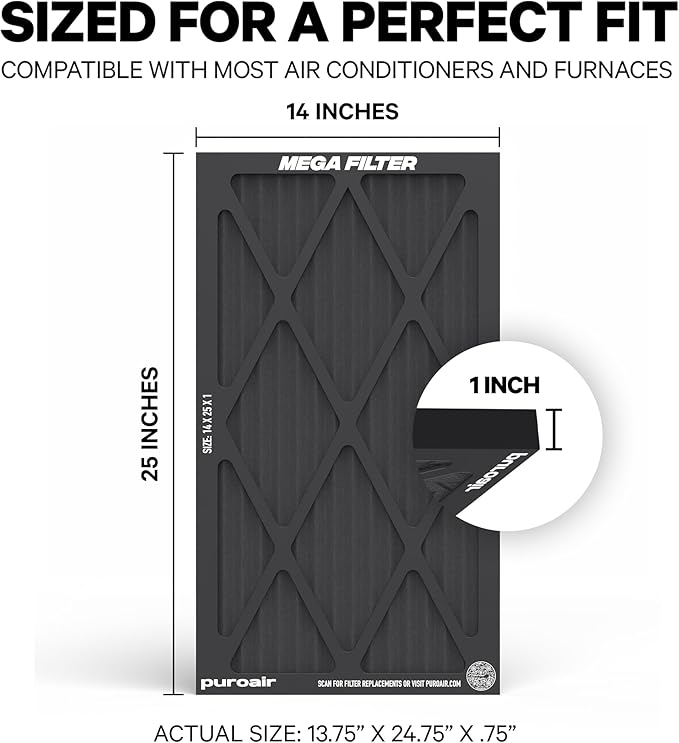PuroAir MegaFilter - 14x25x1 Air Filter MERV 13 Activated CarbonTech Defense - Heavy Duty 3 Layer Furnace Filters Allergens, Pollen, Dust, Pet Dander, Smoke, Odors - HVAC Air Filter 14x25x1 (2-Pack)