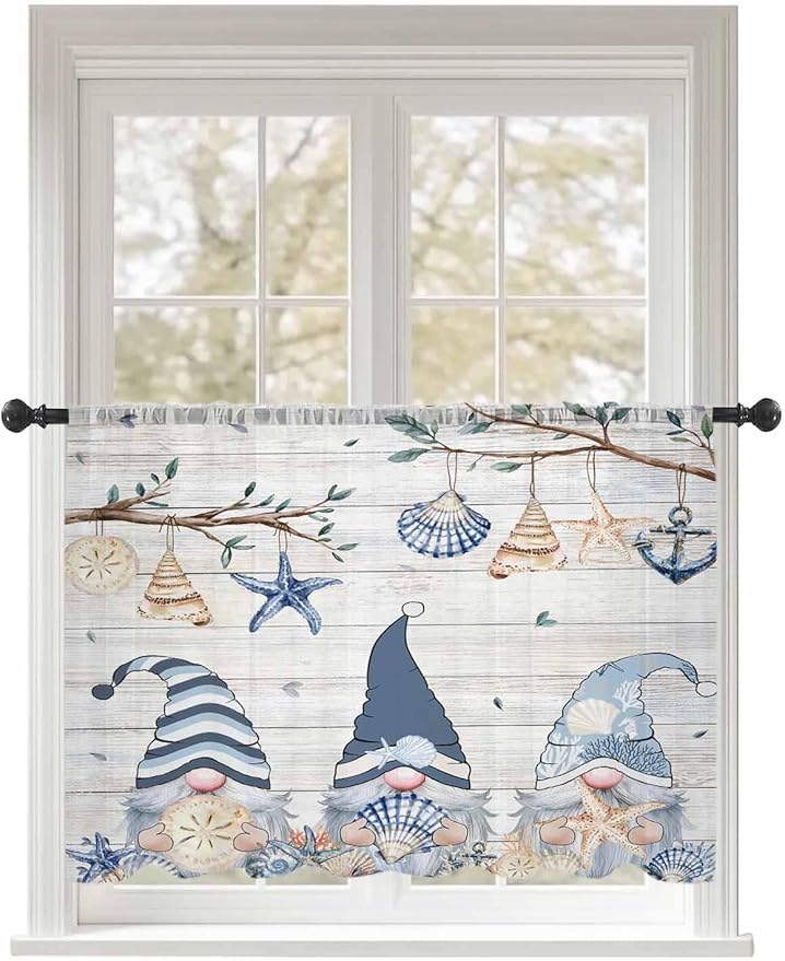 Sheer Curtains 54 Inch Length, Coastal Eucalyptus Semi Sheer Curtains Light Filtering Window Treatment, Ocean Blue Gnomes Starfish Leaf Wood Grain Privacy Voile Drapes for Living Room 52x54 Inch