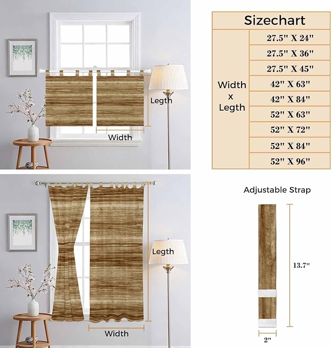 Vintage Western Bathroom Curtains 63 Inch Length, Window Curtains Tab Top, Rustic Farmhouse Wooden Grain Barn Door Light Filtering Window Treatments Drapes 52"x63" 2 Panel