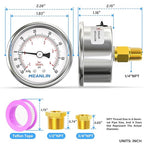 MEANLIN MEASURE -30inHG~60Psi Vacuum Gauge Stainless Steel 1/4" NPT 2" FACE DIAL Waterproof for Air Compressor HVAC Negative Pressure Hand Pump Pool Back Mount with 1/2" NPT and 3/8" NPT Hex Bushing
