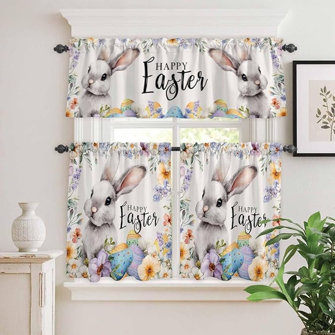 Happy Easter Kitchen Curtains Set 3 Piece for Windows,Rod Pocket Valance and Tier Set 36 Inch Length,Spring Grey Bunny Colorful Eggs Flower Beige Light Filtering Cafe Curtains for Living Room