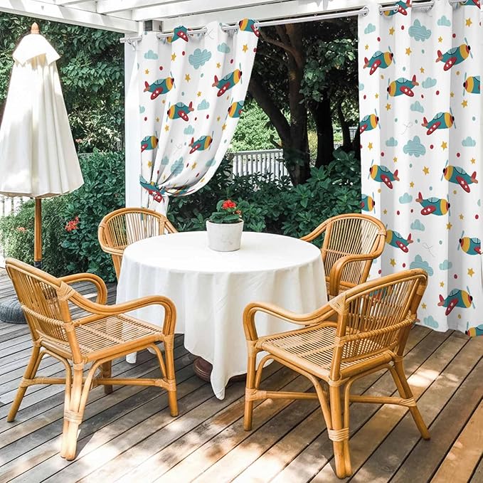 Turquoise Airplane Waterproof Outdoor Curtains for Patio, Windproof Weatherproof Curtains with Weighted Hem, Modern Art Cartoon Aircraft Clouds Light Filtering Privacy Drapes for Porch 54"x 95"