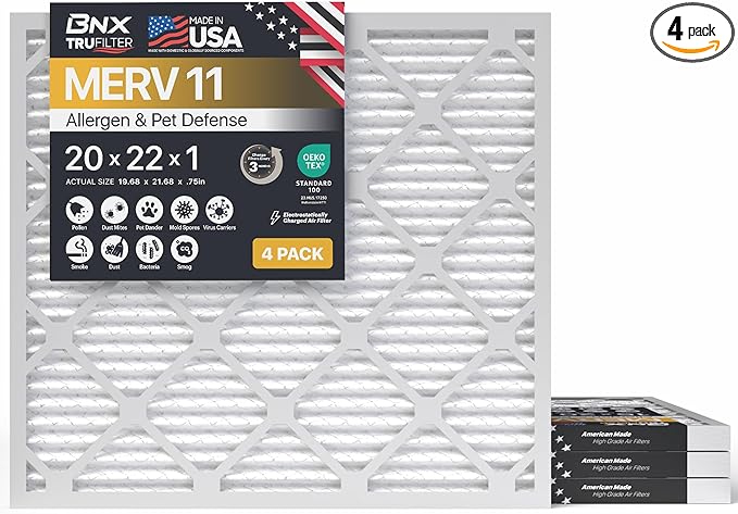 BNX TruFilter 20x22x1 Air Filter MERV 11 (4-Pack) - MADE IN USA - Allergen Defense Electrostatic Pleated Air Conditioner HVAC AC Furnace Filters for Allergies, Dust, Pet, Smoke, Allergy MPR 1200 FPR 7