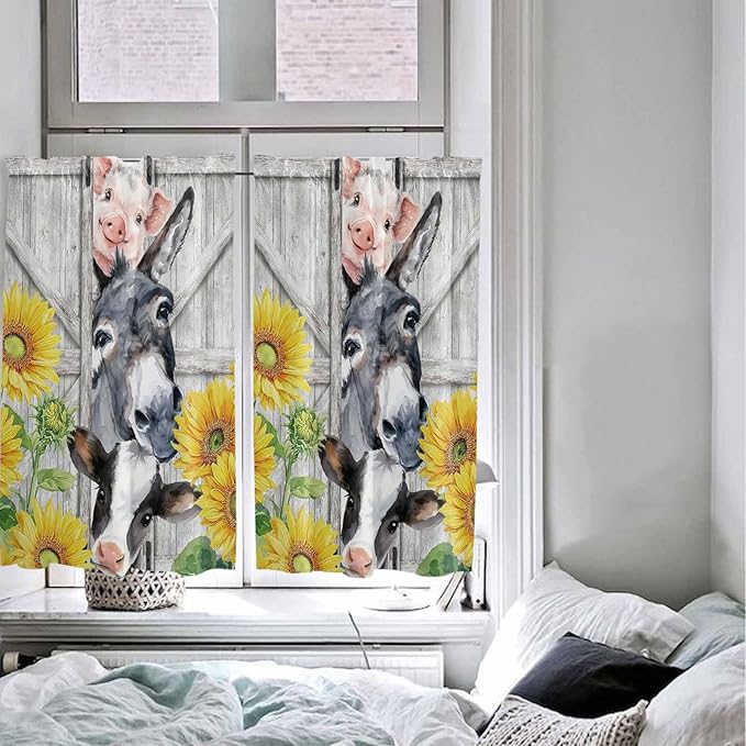 Farmhouse Tier Curtains 45 Inches Long, Watercolor Sunflowers Animals Printed Wood Grain Window Treatment Curtain Drapes, Small Curtain Drapes for Bathroom Laundry Room, 27.5"x45", 2 Panels