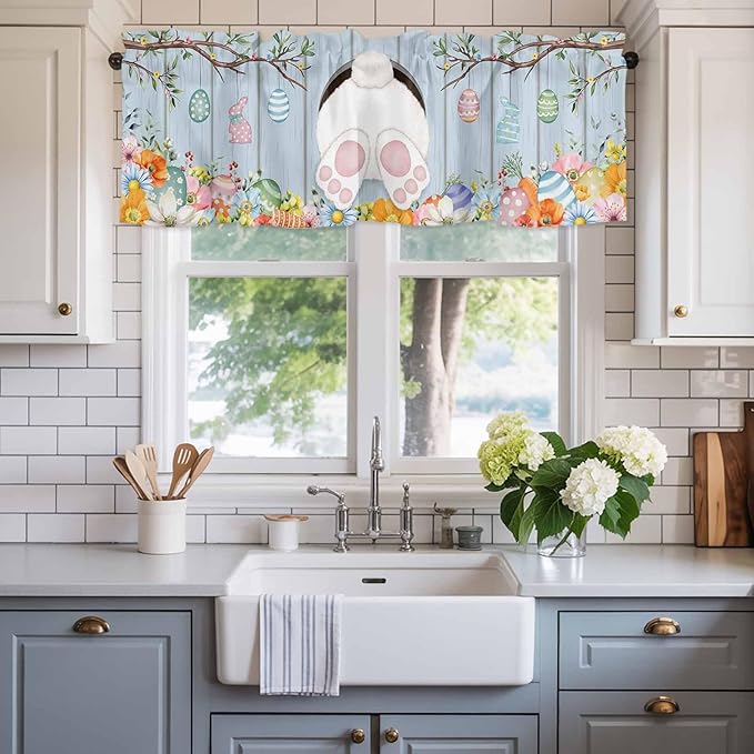 Easter Curtain Valances for Windows, Kitchen Valance Window Treatment, Spring Watercolor Bunny Eggs Flower Wood Grain Blue Light Filtering Block Curtains for Bathroom/Bedroom/Living Room 60'' x 18''
