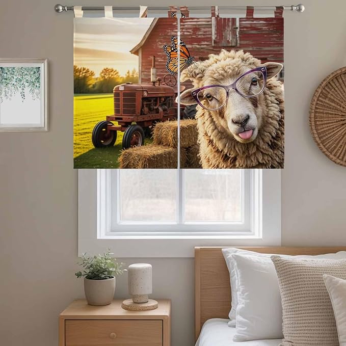 Farm Sheep Bedroom Curtains 63 Inch Length, Window Curtains Tab Top, Farmhouse Barn Funny Animals Butterfly Light Filtering Window Treatments Drapes 42"x63" 2 Panel