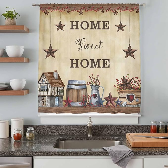 Farm Sheer Curtains 84 Inch Length American Country Barn Star Vintage Berry Brown Chiffon Curtain for Bedroom Living Room Light Filtering Rod Pocket Window Treatments Voile Curtains Drapes for Dining