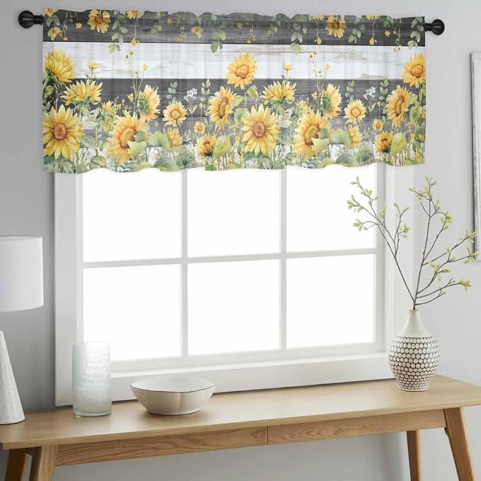Summer Floral Sheer Valance Curtains, Watercolor Sunflower Eucalyptus Leaves Black Wood Grain Light Filtering Kitchen Valances Rod Pocket Voile Curtain for Bedroom/Living Room/Basement 42Wx18L