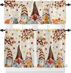 Fall Kitchen Curtain Set, Thanksgiving Gnomes Maple Leaf Pumpkin Beige Window Valance and Tiers 24" Length, Light Filtering Short Curtains Valance for Cafe Bathroom Bedroom 54"x18"