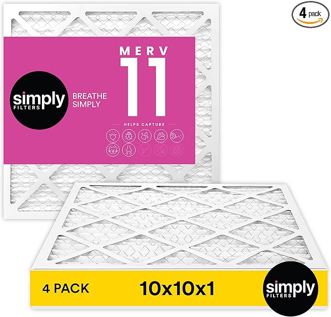 Simply 10x10x1 Air Filter, MERV 11, 4 Pack, For Home AC Furnace & HVAC (Actual Size: 9.75"x9.75"x0.75") DUST, Pet, & Allergy Control
