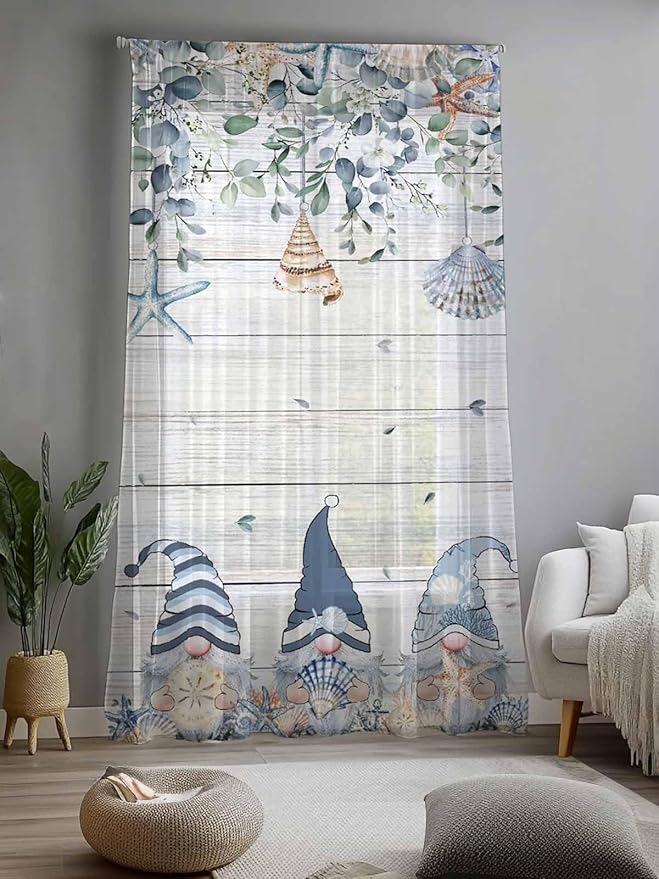 Sheer Curtains 96 Inches Long, Coastal Eucalyptus Leaf Semi Sheer Curtains Light Filtering Window Treatment, Ocean Blue Gnomes Starfish Wood Grain Privacy Voile Drapes for Living Room 52x96 Inch