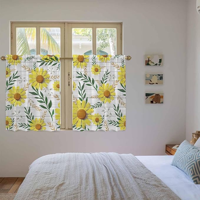 Yellow Daisy Kitchen Curtains, Farmhouse Country Flower Leaf Plant Wood Grain Light Filtering Window Curtain Panels, 2Pcs Rod Pocket Window Treatments Set for Cabin Bathroom Bedroom 52x45 Inches