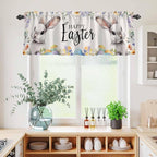 Happy Easter Kitchen Curtains Set 3 Piece for Windows,Rod Pocket Valance and Tier Set 36 Inch Length,Spring Grey Bunny Colorful Eggs Flower Beige Light Filtering Cafe Curtains for Living Room