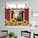 Sheep Sunflower Kitchen Curtains 45 Inch Length, Short Cafe Window Curtains Tab Top, Country Red Farm Barn Spring Flowers Light Filtering Window Treatments Tier Drapes 27.5"x45" 2 Panel