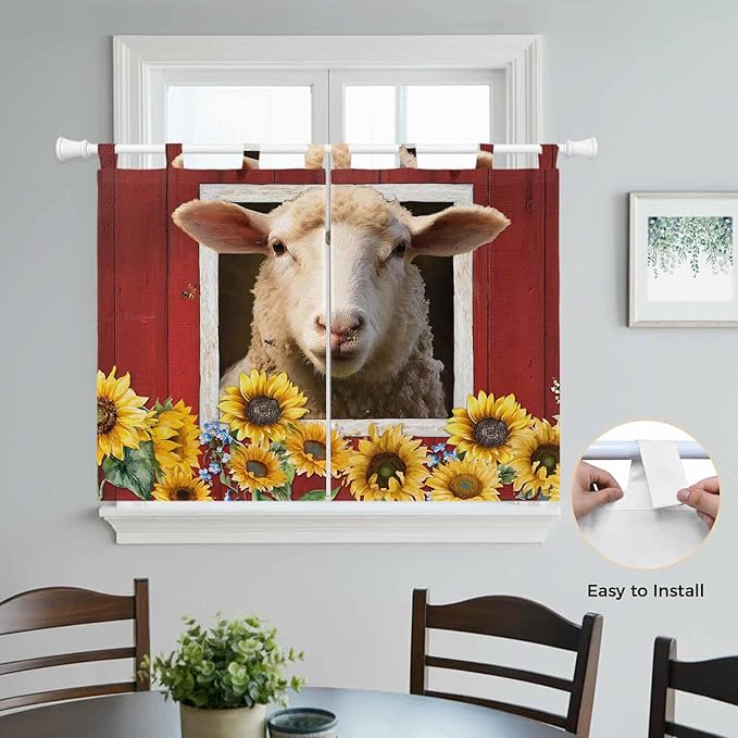 Sheep Sunflower Kitchen Curtains 45 Inch Length, Short Cafe Window Curtains Tab Top, Country Red Farm Barn Spring Flowers Light Filtering Window Treatments Tier Drapes 27.5"x45" 2 Panel