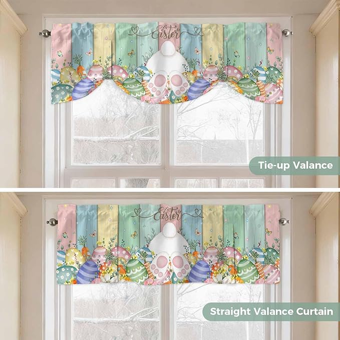 Easter Tie Up Valance Curtains for Windows, Kitchen Curtains Window Shades, Spring Rabbit Ears Foot Eggs Floral Wooden Grain Light Filtering Roman Curtain Valances for Bedroom/Bathroom/Cafe 42"x12"