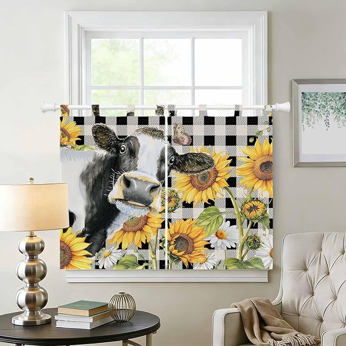 Retro Sunflowers Kitchen Curtains 45 Inch Length, Short Cafe Window Curtains Tab Top, Farmhouse Floral Cow Butterfly Black Plaid Light Filtering Window Treatments Tier Drapes 27.5"x45" 2 Panel