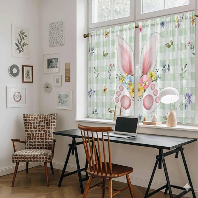 Easter Kitchen Curtains 54 Inch Long 2 Panel Set, Rod Pocket Window Curtains Panels, Spring Bunny Ears Feet Flowers Green Plaid Light Filtering Drapery Draperies for Bathroom Bedroom 52"W x 54"L