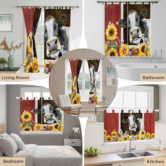 Cows Sunflowers Kitchen Curtains 45 Inch Length, Short Cafe Window Curtains Tab Top, Rustic Farms Barns Flowers Bees Animals Light Filtering Window Treatments Tier Drapes 27.5"x45" 2 Panel