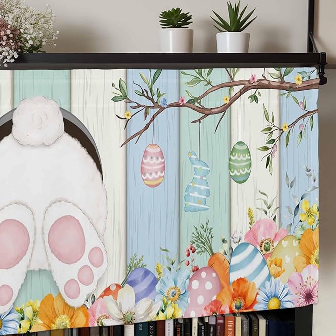 Easter Curtain Valances for Windows, Kitchen Valance Window Treatment, Spring Watercolor Bunny Eggs Wood Grain Teal Blue Light Filtering Block Curtains for Bathroom/Bedroom/Living Room 42'' x 12''