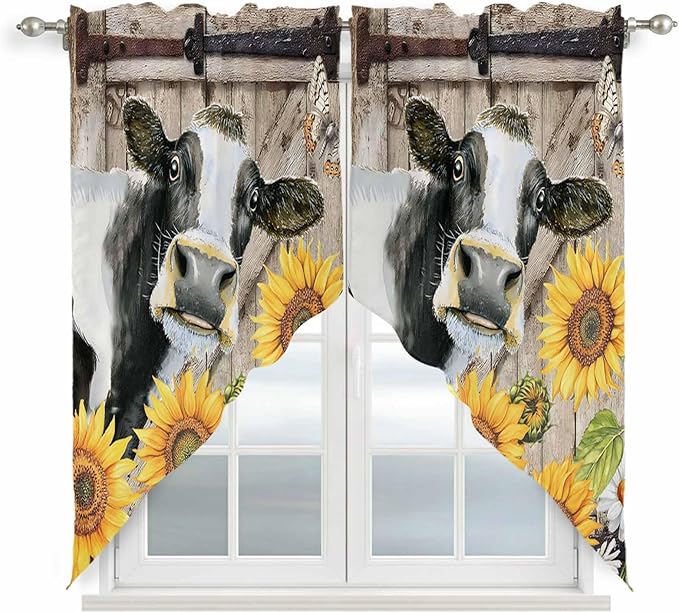 Retro Farmhouse Flower Swag Valances for Windows, Yellow Sunflowers Cow Barn Doors Brown Rod Pocket Kitchen Curtains Valance, Small Window Curtains Swag for Cafe Living Room, 2 Panels, 36x36 inch