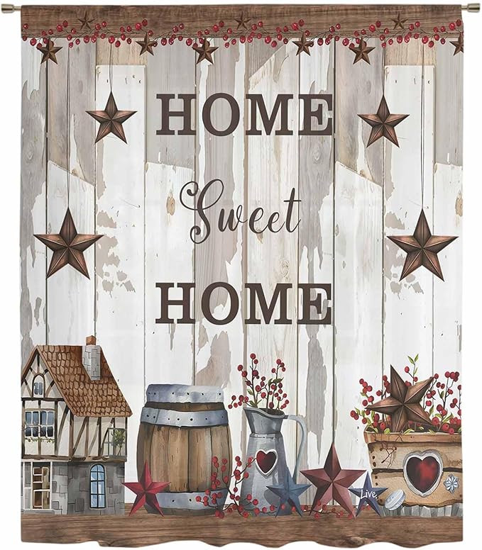 Farmhouse Sheer Curtains 96 Inch Length Retro Country Star Berry Vintage Wood Grain Chiffon Curtain for Bedroom Living Room Light Filtering Rod Pocket Window Treatments Voile Curtains Drapes