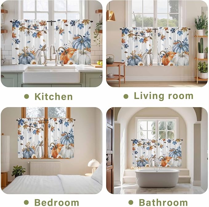 Navy Blue Pumpkin Fall Kitchen Curtains 45 Inch Long 2 Panel Set, Rod Pocket Window Treatment, Thanksgiving Maple Leaves Branches Light Filtering Panels Short Drapes for Bathroom Camper 42"W x 45"L