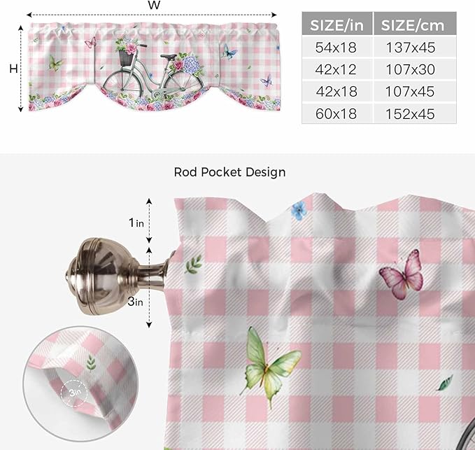 Spring Tie Up Valance Curtains for Windows, Kitchen Curtains Window Shades, Bicycles Leaves Butterfly Flowers Pink Buffalo Plaid Light Filtering Curtain Valances for Bedroom/Bathroom/Cafe 42"x12"