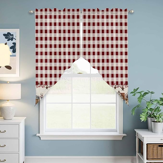 Swag Curtain Valances for Kitchen Windows,Farm Barn Western Star on Vintage Short Rod Pocket Window Valance,Red Buffalo Plaid Swag Topper for Bedroom Living Room,2 Panels 36x45in