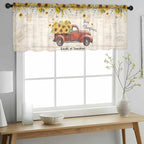 Farmhouses Sunflowers Sheer Valance Curtains, Retro Floral Leaves Red Truck Vintage Light Filtering Kitchen Valances Rod Pocket Voile Curtain Window Treatment for Bedroom/Living Room/Basement 54Wx18L