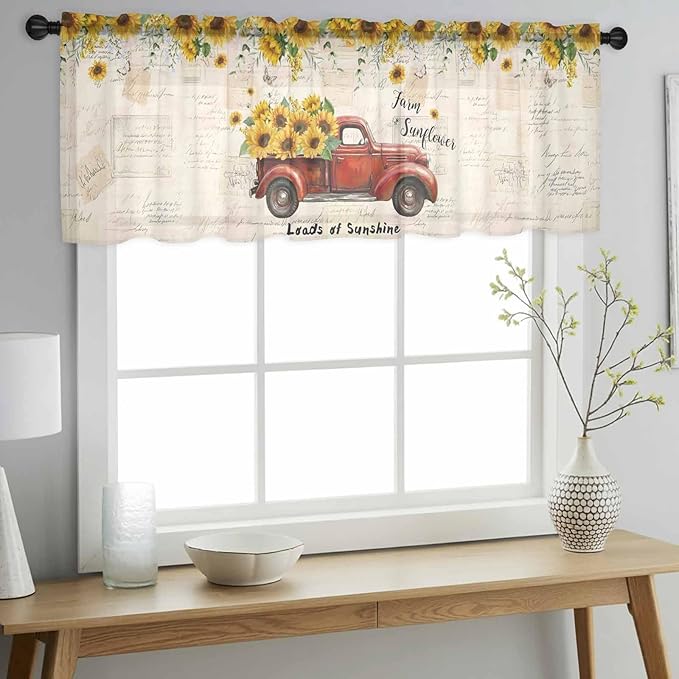 Farmhouses Sunflowers Sheer Valance Curtains, Retro Floral Leaves Red Truck Vintage Light Filtering Kitchen Valances Rod Pocket Voile Curtain Window Treatment for Bedroom/Living Room/Basement 42Wx18L