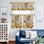 Kitchen Curtains Tiers and Valance Set of 3, Sunflowers Dog Light Filtering Window Curtain Set, Spring Watercolor Floral Stars on Linen Rod Pocket Curtain Drapes for Cafe, Living Room, 24 Inches Tiers