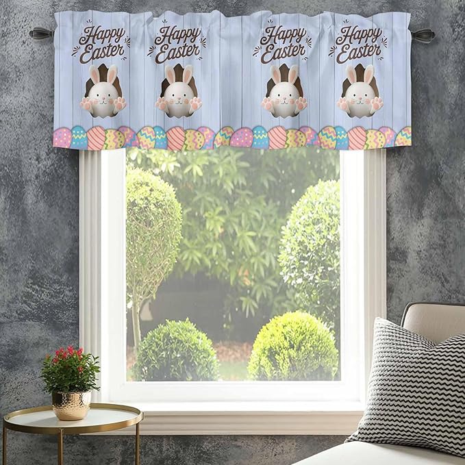 Blue Easter Curtain Valances for Windows, Kitchen Valance Window Treatment, Spring Cartoon Bunny Colorful Eggs Wood Grain Light Filtering Block Curtains for Bathroom/Bedroom/Living Room 54'' x 18''