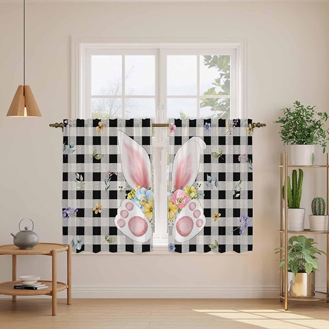 Easter Kitchen Curtains 45 Inch Long 2 Panel Set, Rod Pocket Window Treatment, Spring Rabbits Ears Feet Wildflowers Black Plaid Light Filtering Short Curtains & Drapes for Bathroom Laundry 52"W x 45"L