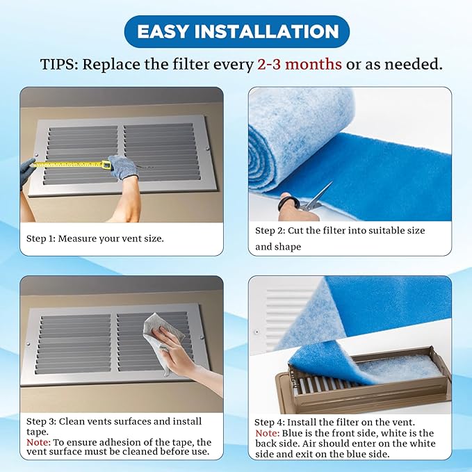 Air Vent Filters Roll, 90" x 12" Cut to Fit (35+ Filters), MERV 8 Triple Vent Filter Kit for HVAC Furnace Vents, Home Floor, Ceiling, Grilles